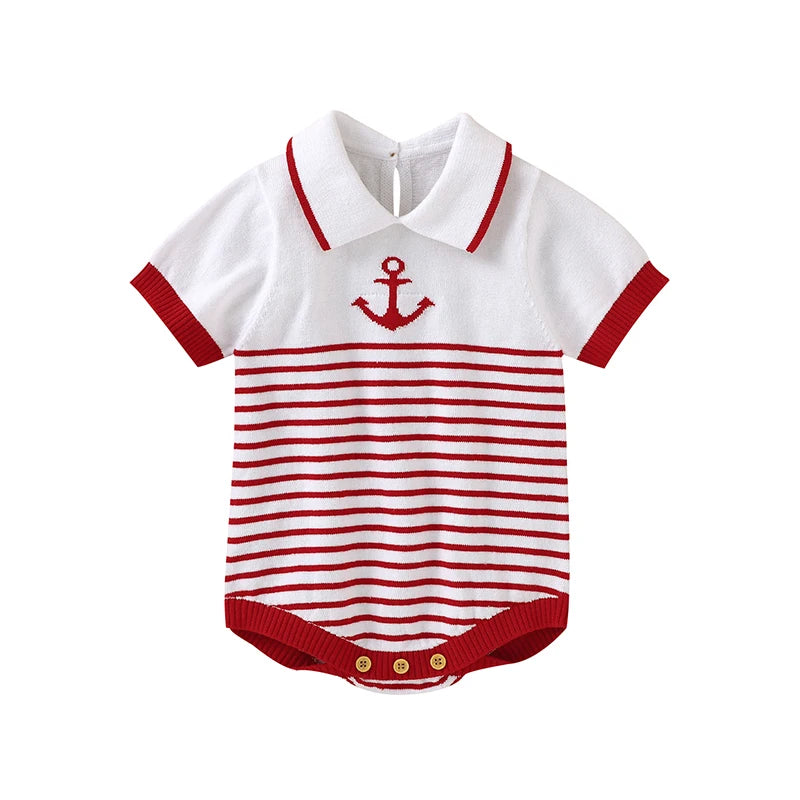 Soft cotton baby knit bodysuit with red stripes, collar, and anchor detail. Lightweight, breathable, and perfect for summer days.