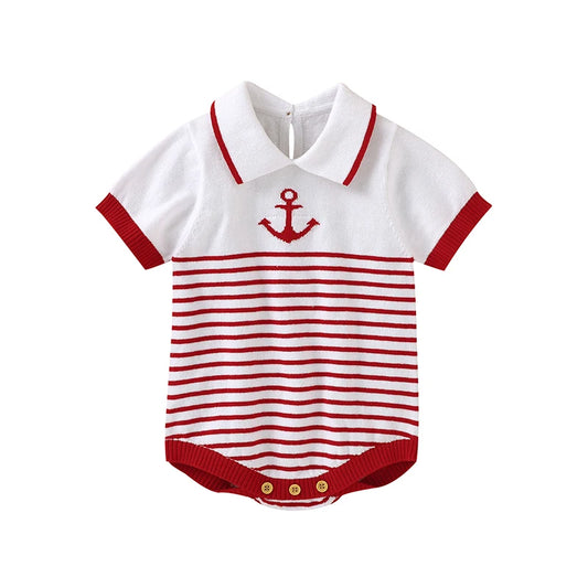 Soft cotton baby knit bodysuit with red stripes, collar, and anchor detail. Lightweight, breathable, and perfect for summer days.