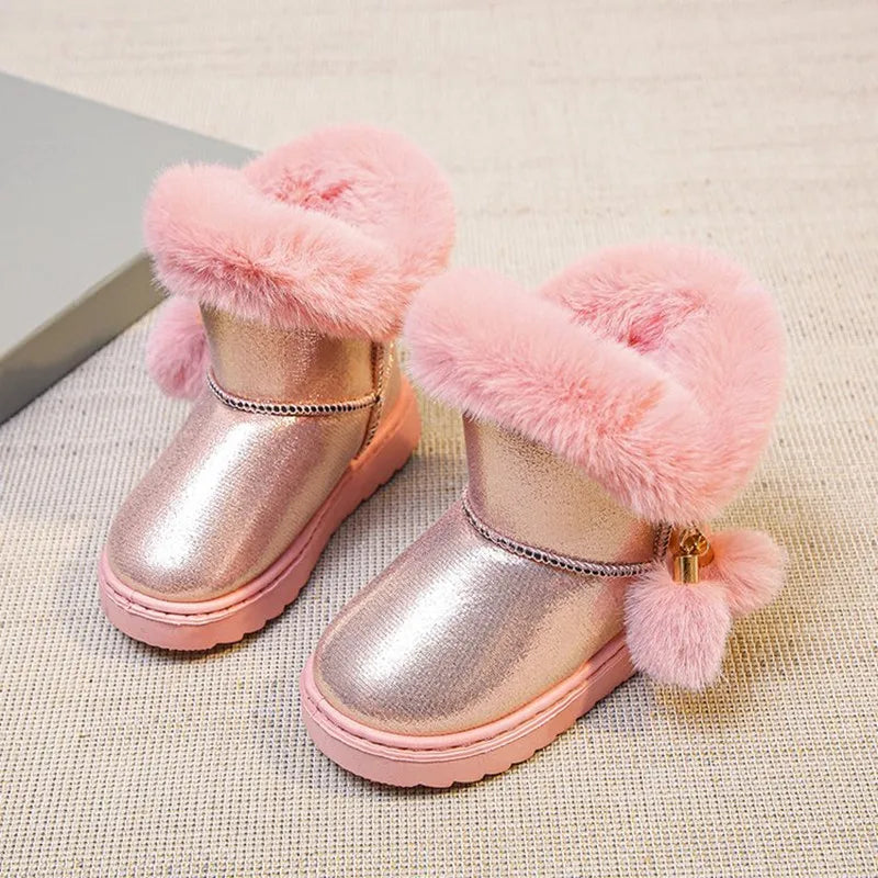 Girls Pink Faux Fur Pom Pom Boots