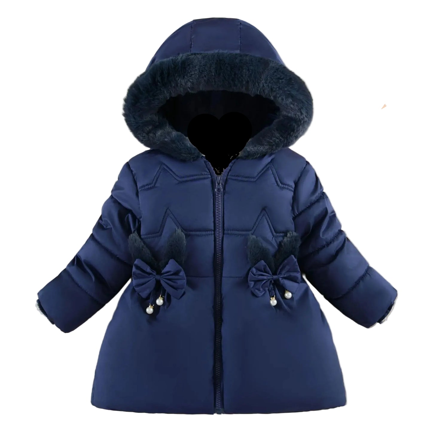 A navy blue children's puffer jacket with a hood, dark faux-fur trim, and decorative bows with pearl accents on the front, displayed on a beige background with decorative props.