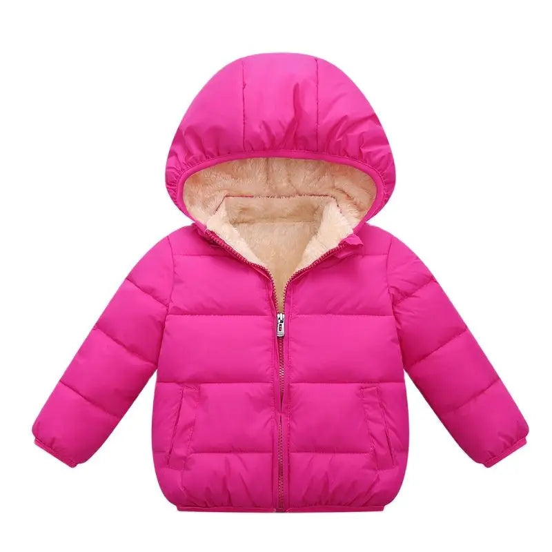 Magenta hooded puffer jacket with tan sherpa lining and front zipper