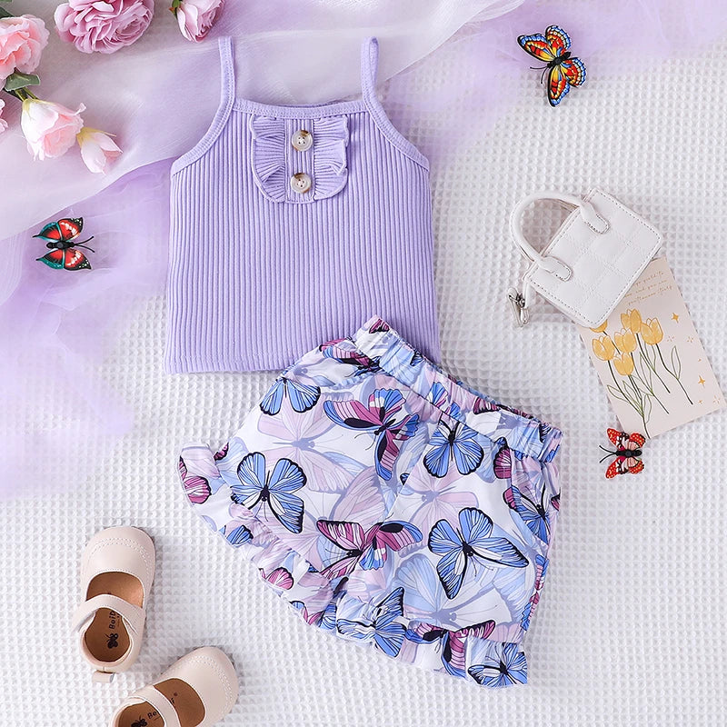 Girls Lilac Butterfly Shorts & Vest Set