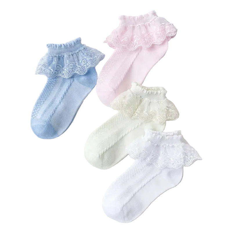 Girls lace frill ankle socks set, pastel blue, pale pink, cream and white pairs