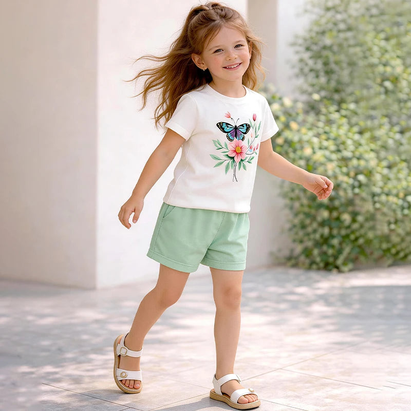 Girls floral graphic T-shirt set: white tee with butterfly flower, mint shorts