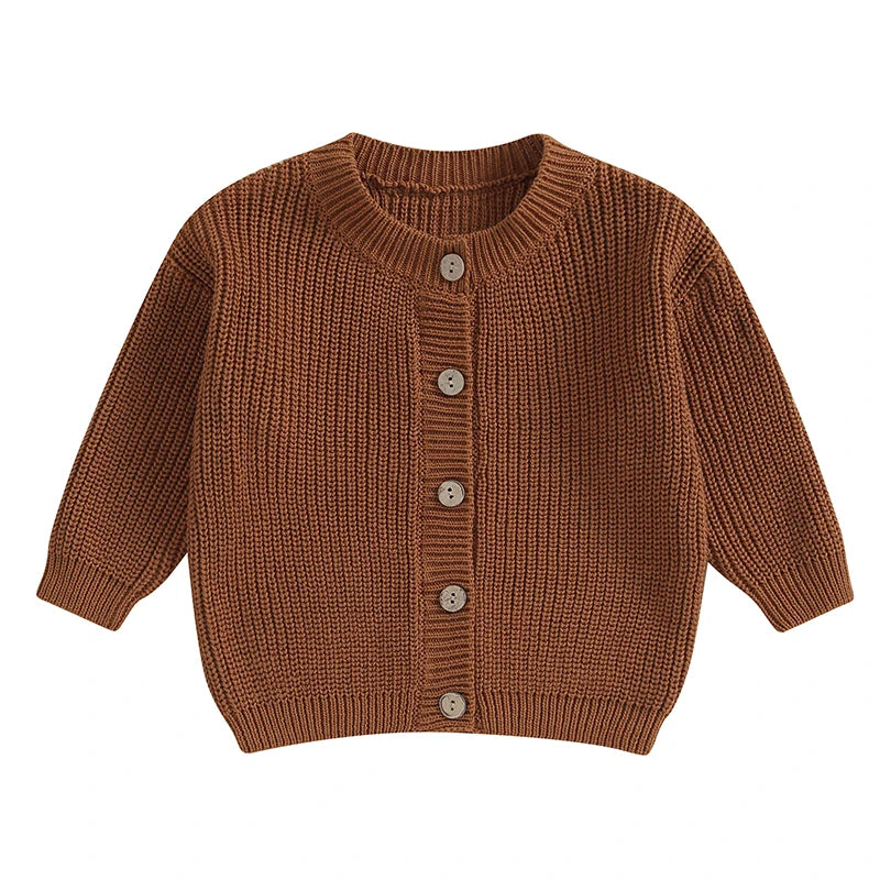 Boys knitted cardigan in brown, full button front with ribbed collar and sleeve cuffs
