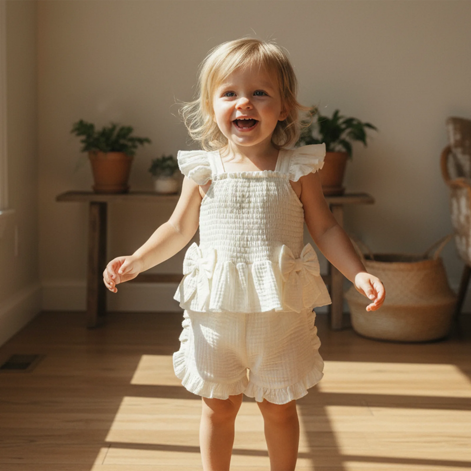 Child in a white dress standing in a sunlit room with plants in the background