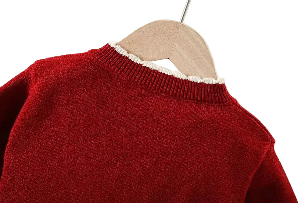 Girls red sweater cardigan with ribbed round neckline and button placket