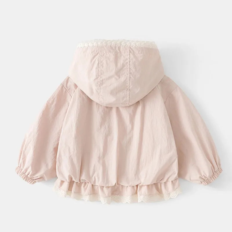 Girls lace-trim hooded jacket in blush pink, back view with lace ruffle hem