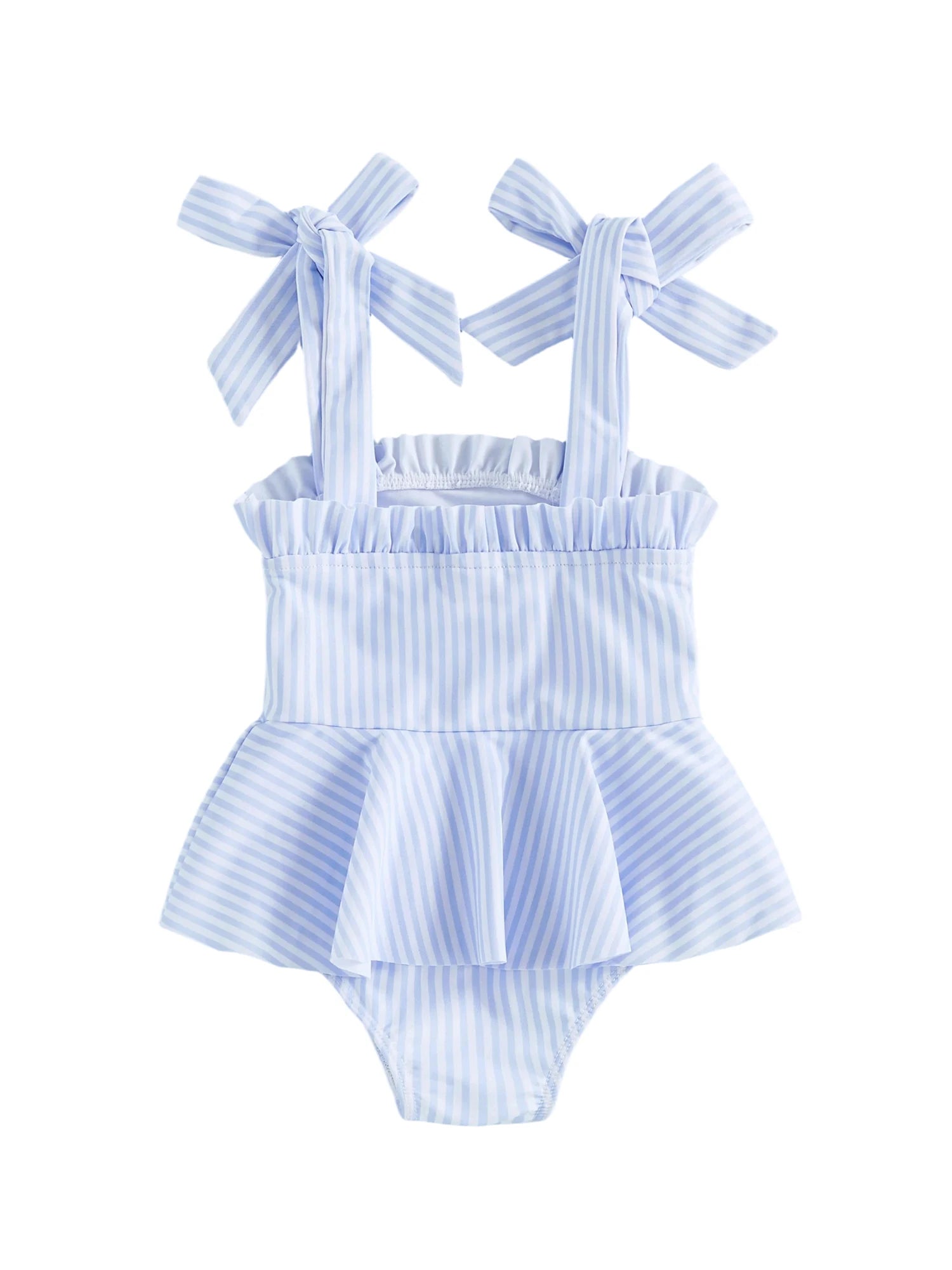 Girls light blue striped swim one-piece with back ruffle waistband and bow tie shoulder straps.