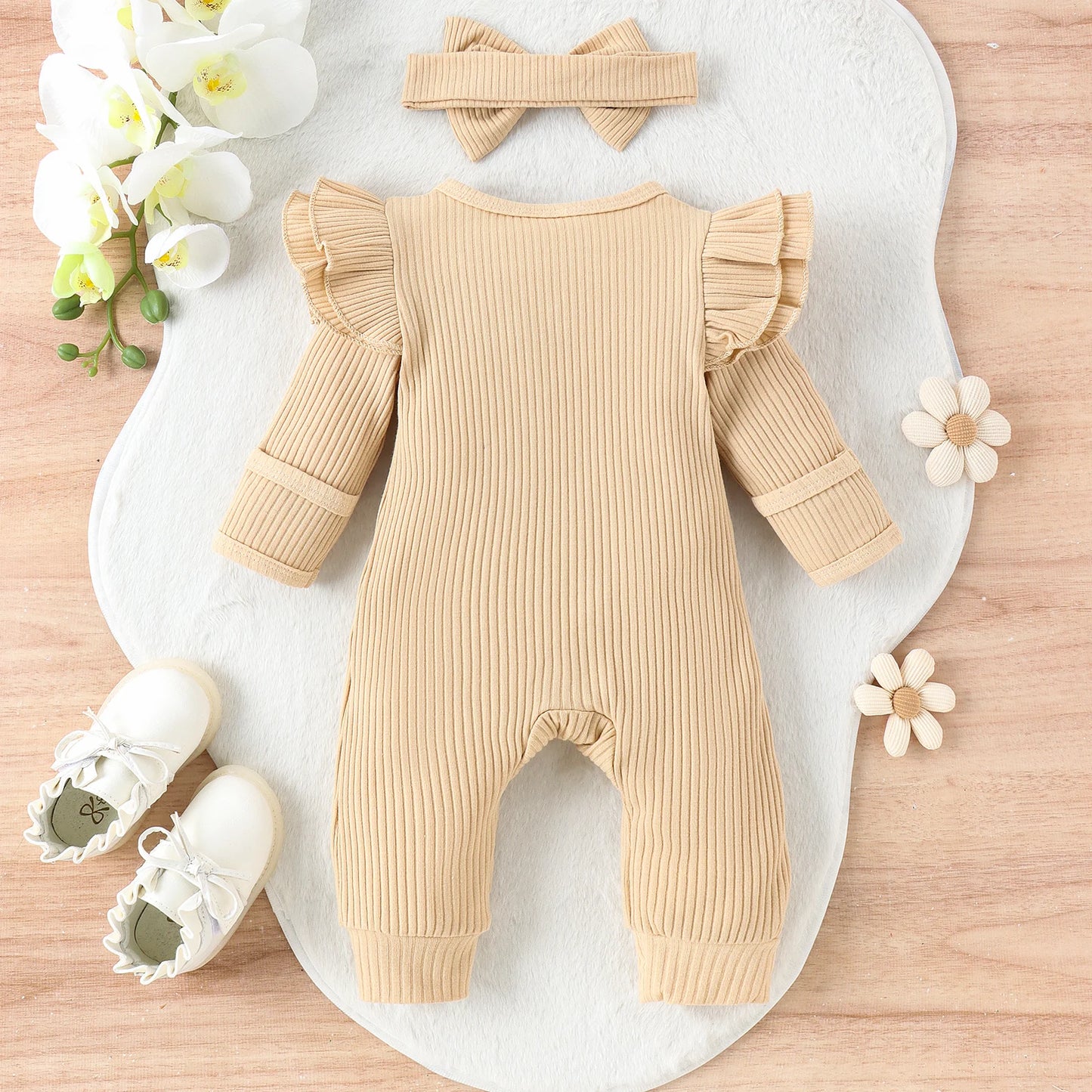 Baby Girls Beige Sleepsuit and matching Hairband