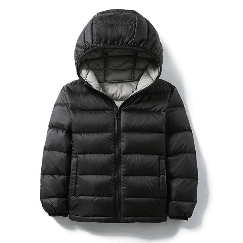 Kids duck down puffer jacket, dark black, full-zip with hood and stitched quilt panels