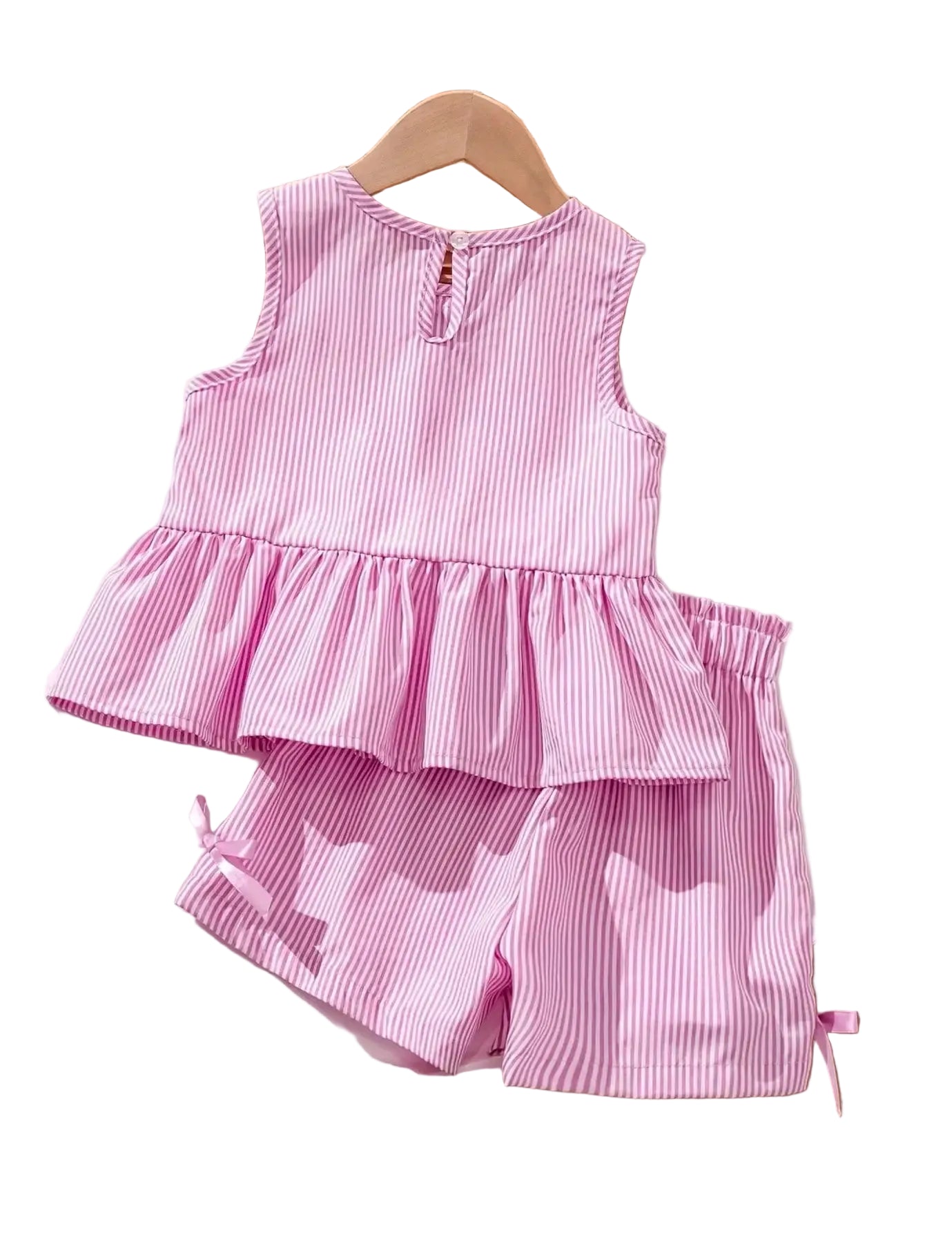Girls pink striped peplum top and shorts set with keyhole back detail