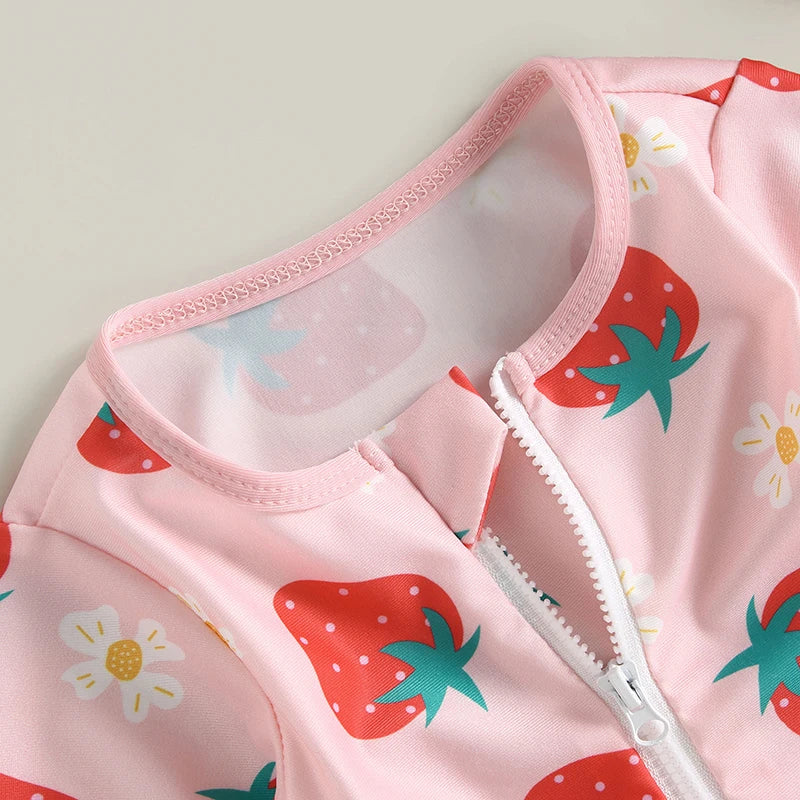 Girls Toddler Long Sleeve Swimsuit with matching hat - Strawberry Print