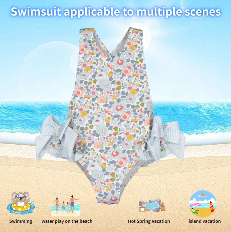 Girls Blue Floral Swimsuit with Bows & Crossover Back (2–7 Years) *Preorder