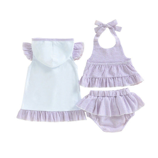Toddler Girls Lilac Three Piece Swimsuit Set – Halter Top, Bikini Bottom & Cover-Up (1–3 Years)