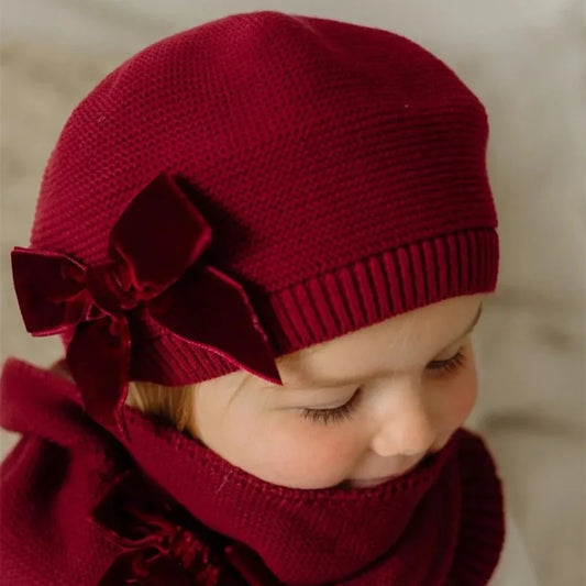 Girls Beret Hat Velvet Bow Mustard