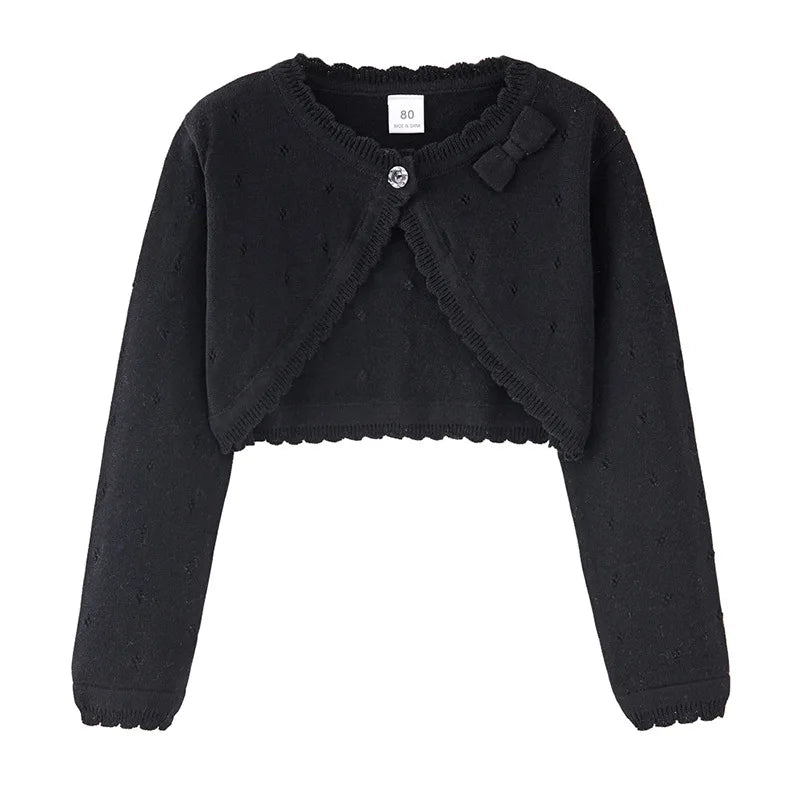 Black toddler knit cardigan with bow detail at neckline and scalloped trim