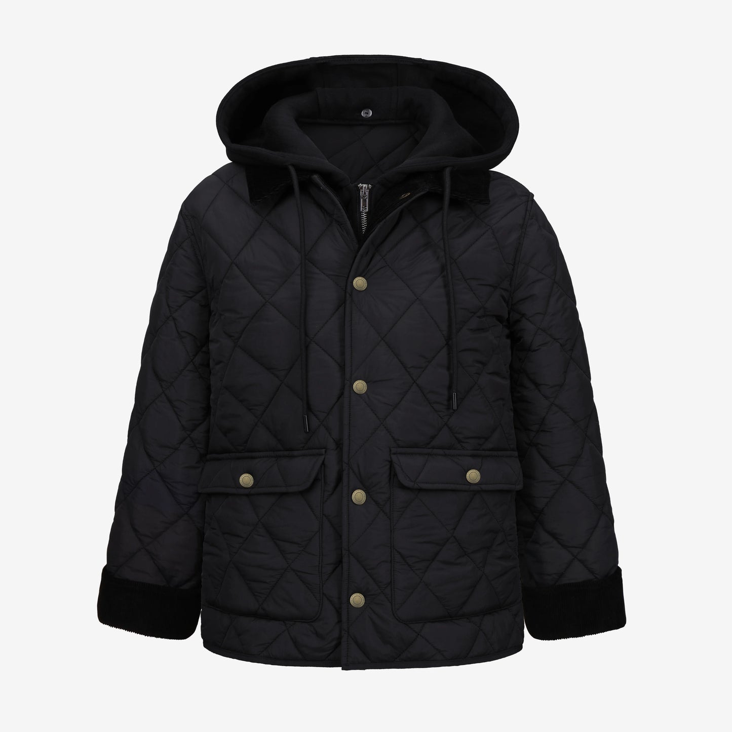 A black quilted hooded jacket with gold-tone snap buttons and black cuffs, displayed on a clean white background.