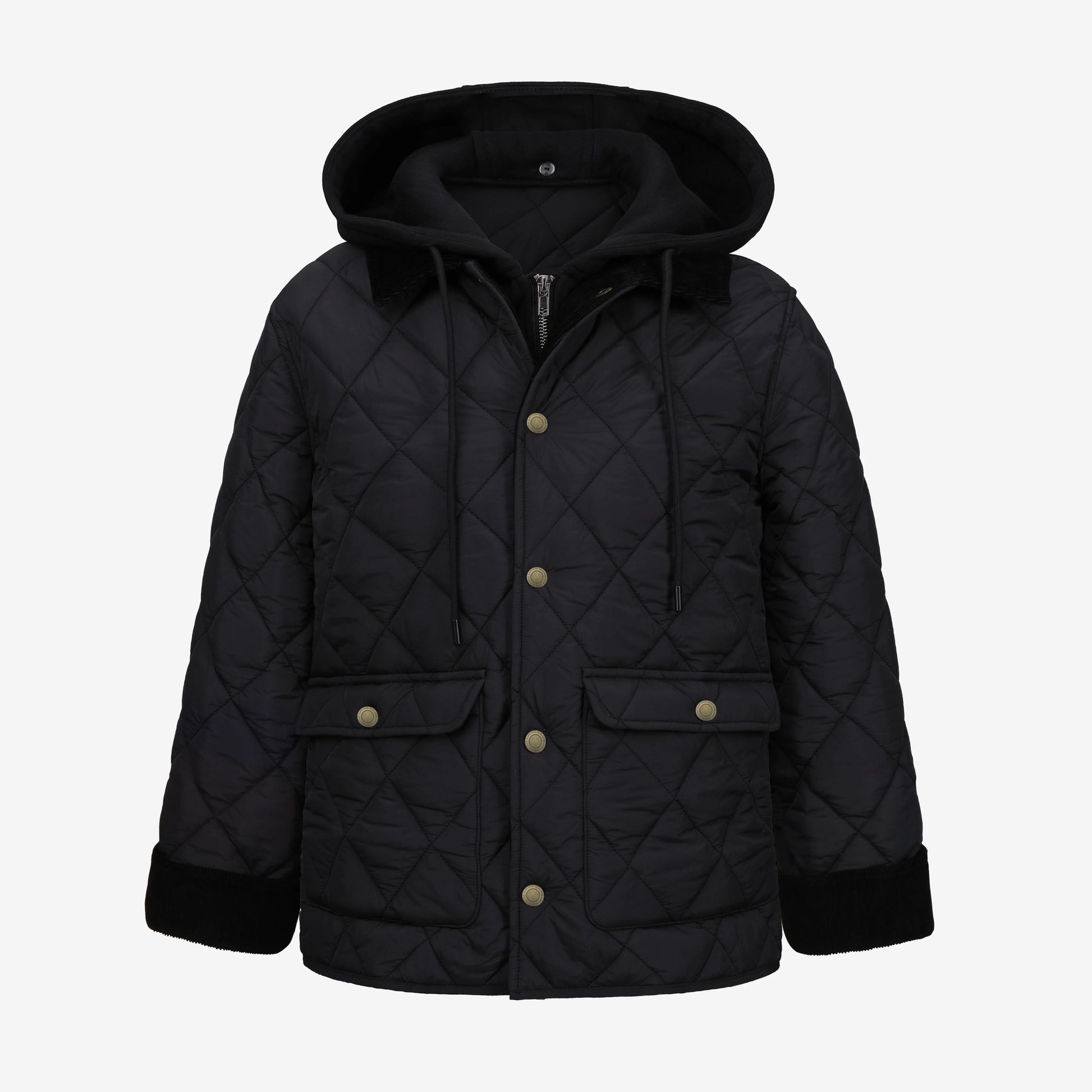 A black quilted hooded jacket with gold-tone snap buttons and black cuffs, displayed on a clean white background.