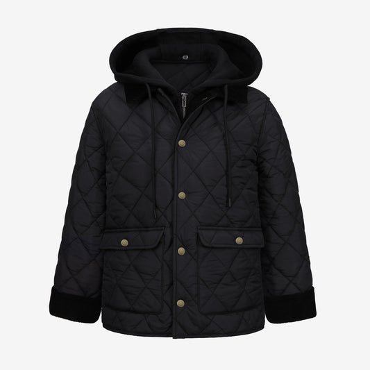 A black quilted hooded jacket with gold-tone snap buttons and black cuffs, displayed on a clean white background.