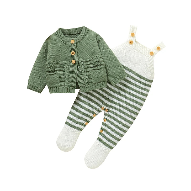 Two-piece baby set: dark green knit cardigan with striped romper legs and buttons