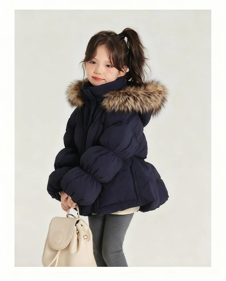 Girls Navy Blue Coat Natural Fur Hood