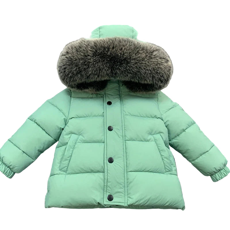 Winter Coat Mint Green Matt finish Racoon fur Hood