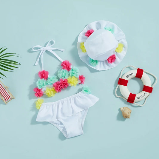 Girls Princess White 3-piece Floral Bikini Set *