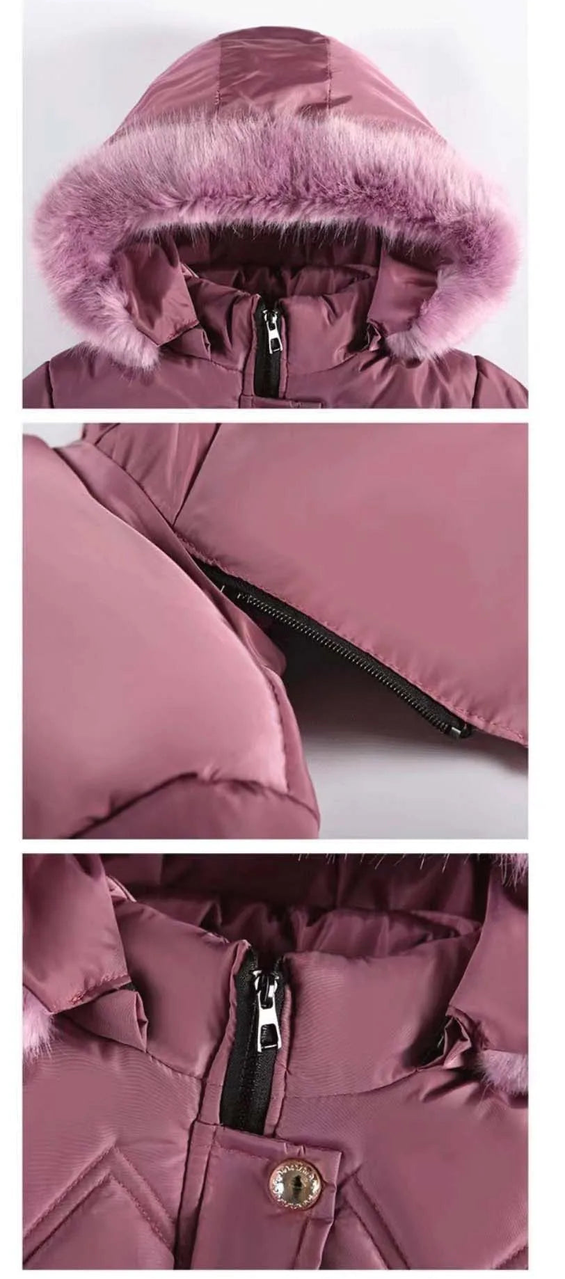 Girls plum hooded puffer coat with faux fur trim and front zipper