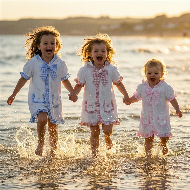 Girls swim cover-up dress, blue, pink, and purple gingham bow styles on three kids