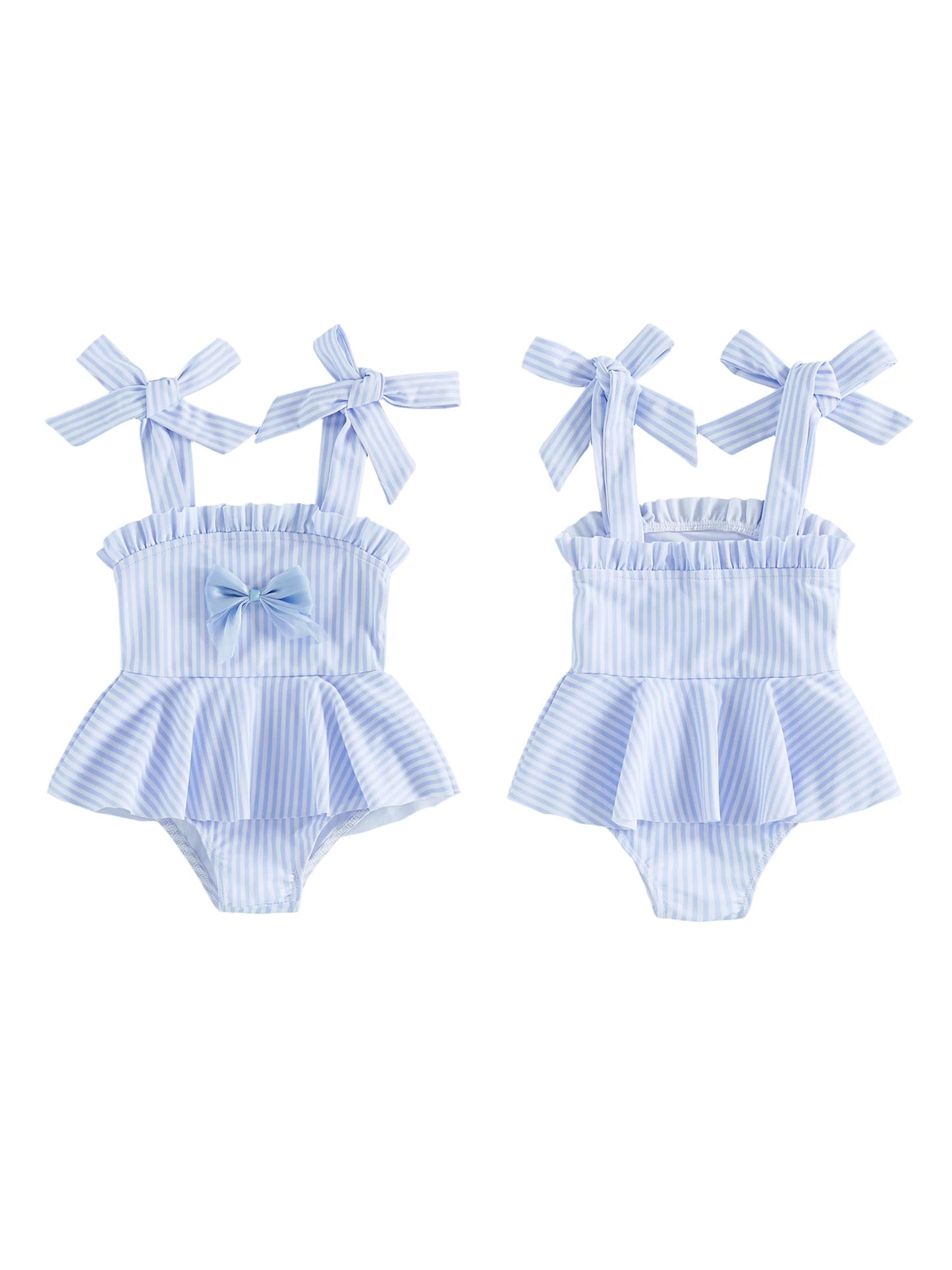 Girls striped light blue swim one-piece with front bow detail and matching back bow straps.