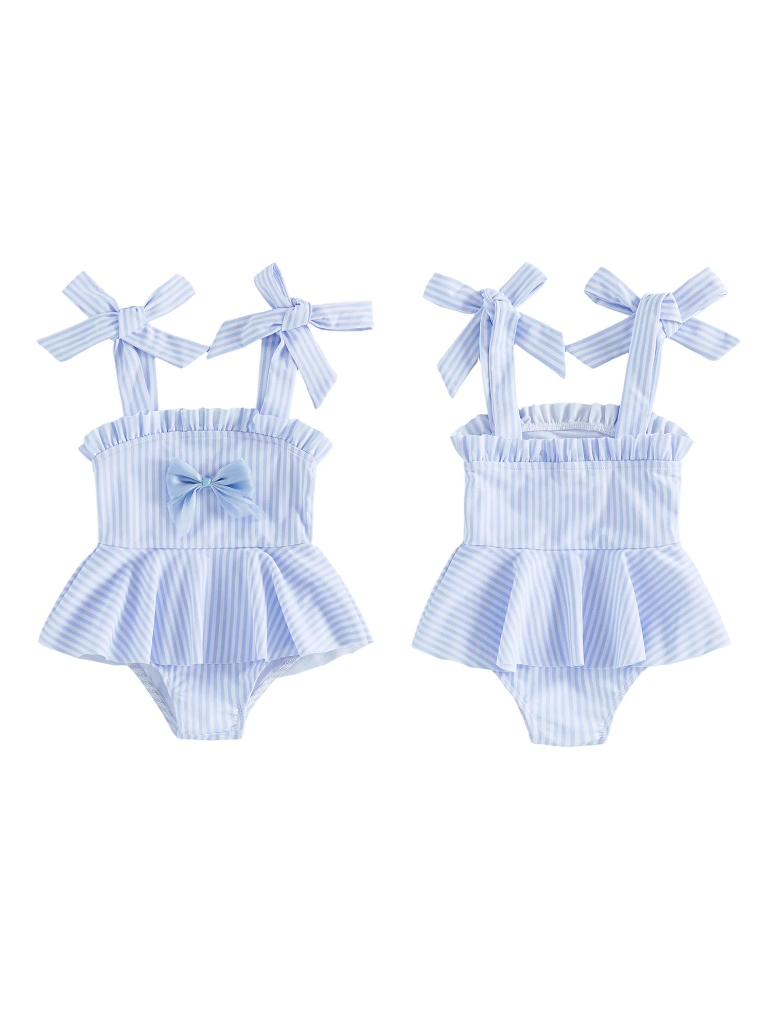 Girls striped light blue swim one-piece with front bow detail and matching back bow straps.