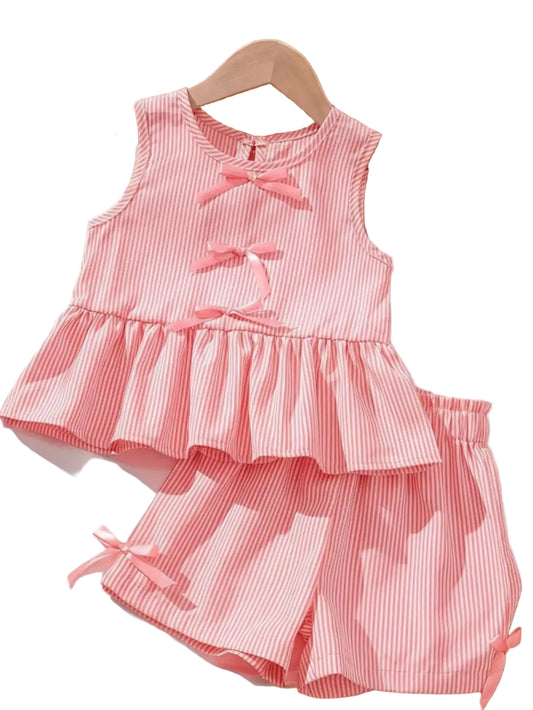 Sleeveless peach striped top with bow placket and matching striped shorts