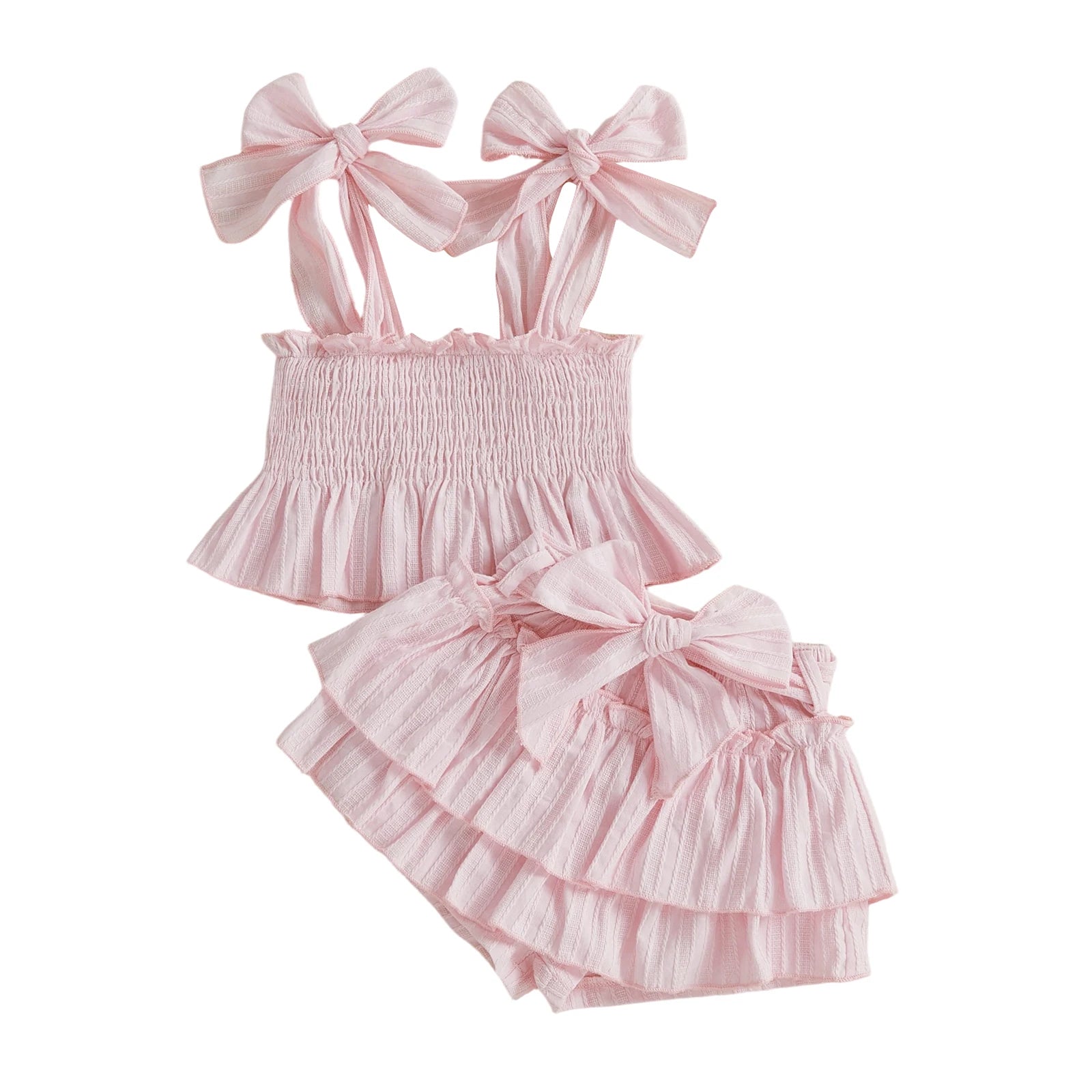 Baby pink bow shorts set: smocked ruffle cami top and layered tiered shorts