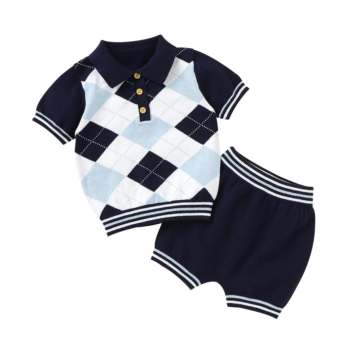 Baby outfit with checkered romper and navy shorts on a white background