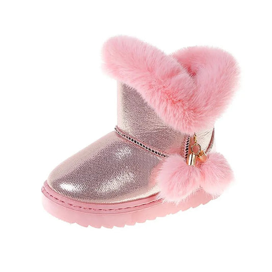 Girls Pink Faux Fur Pom Pom Boots