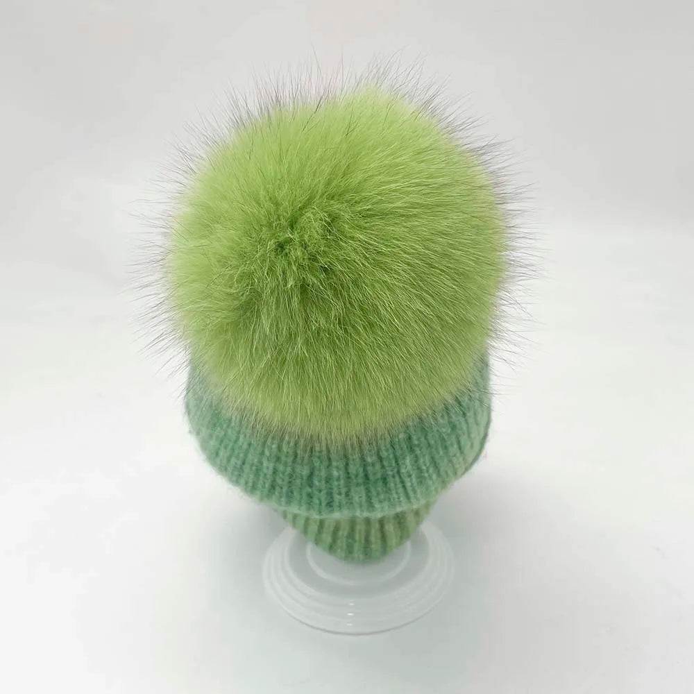 Hat Scarf, Green Gradient Warm Wool Hat, Real Fur, Pom Pom