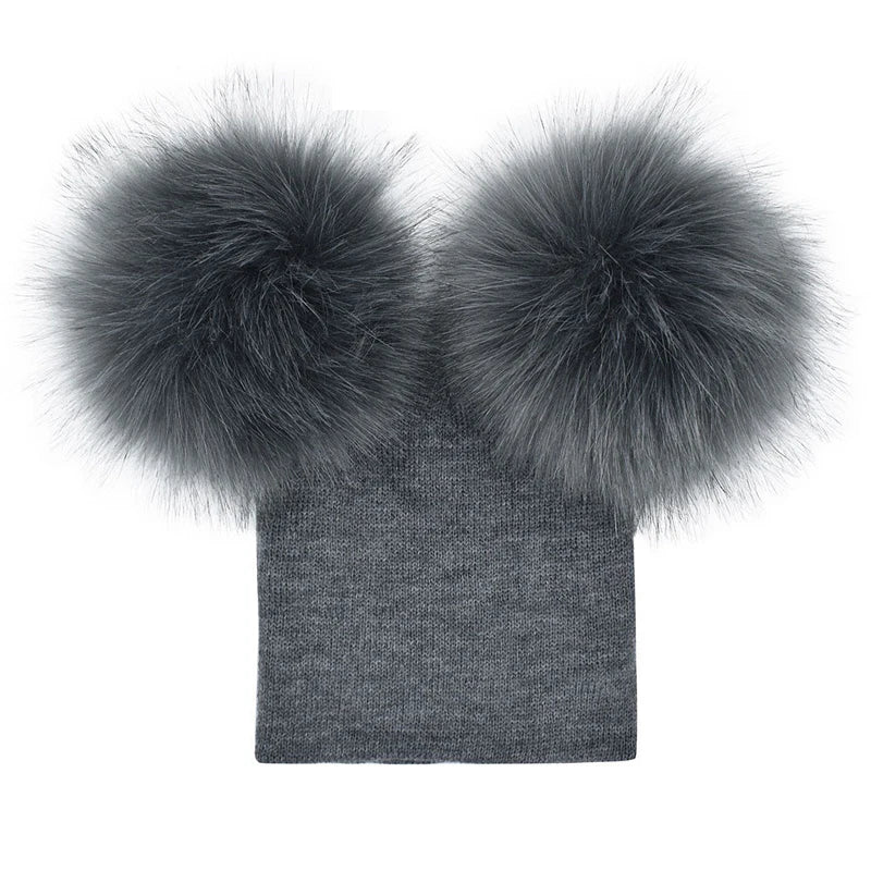 Double Pom Pom Fur Hat Grey