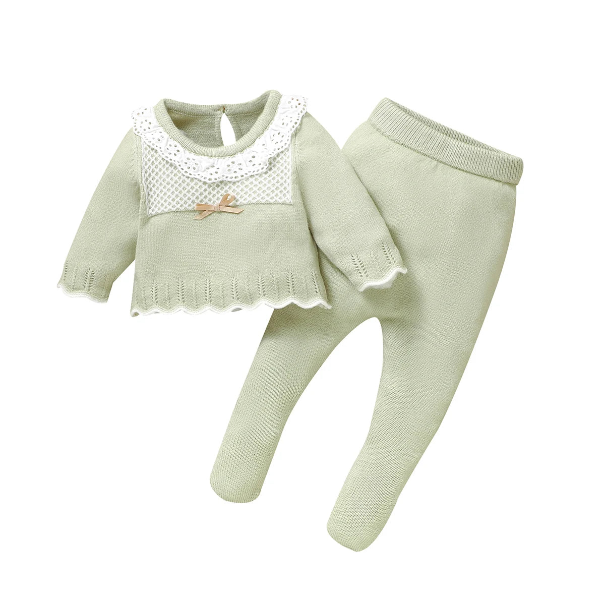 2-piece baby girls sweater and leggings set, long sleeves, lace doll collar, light green