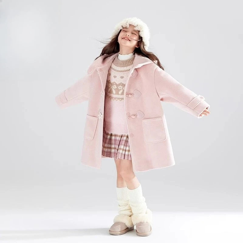 Kids light pink hooded coat with patch pockets and decorative star-heart toggle buttons