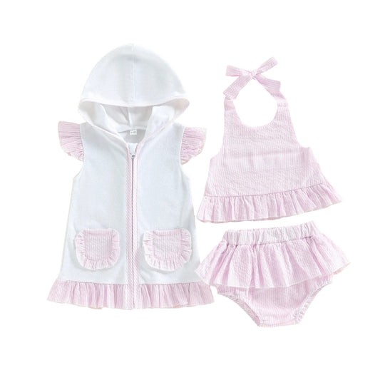 Baby outfit set with white hooded jacket, pink top, and diaper on a white background