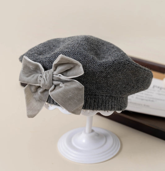 Girls Beret Hat Velvet Bow Grey