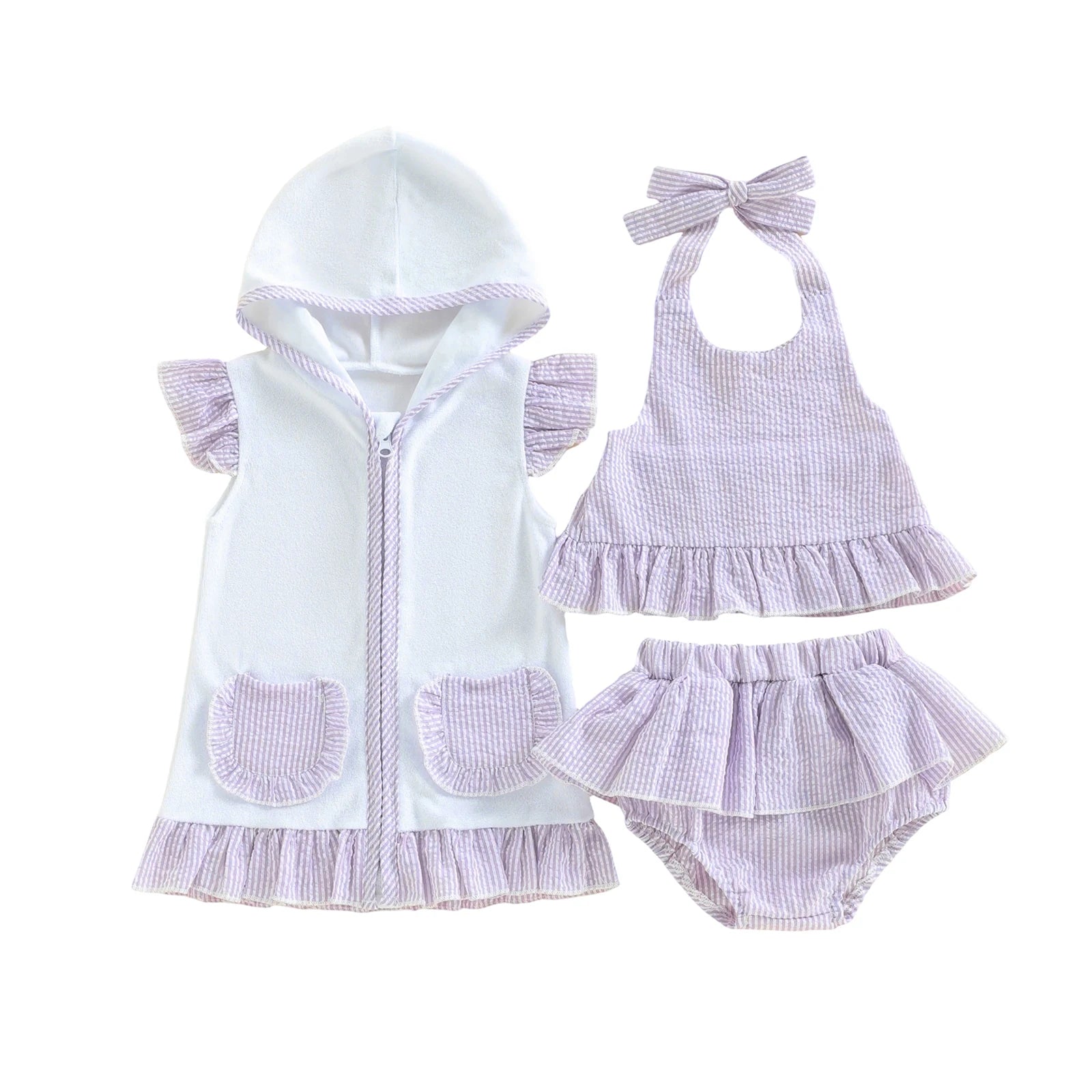 Baby outfit set with white jacket, dress, and bloomers on a white background