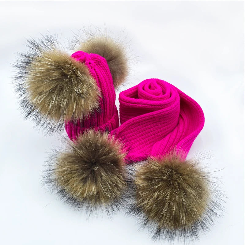 Pom Pom Hat & Scarf Set 4 Balls Fushia Racoon Fur