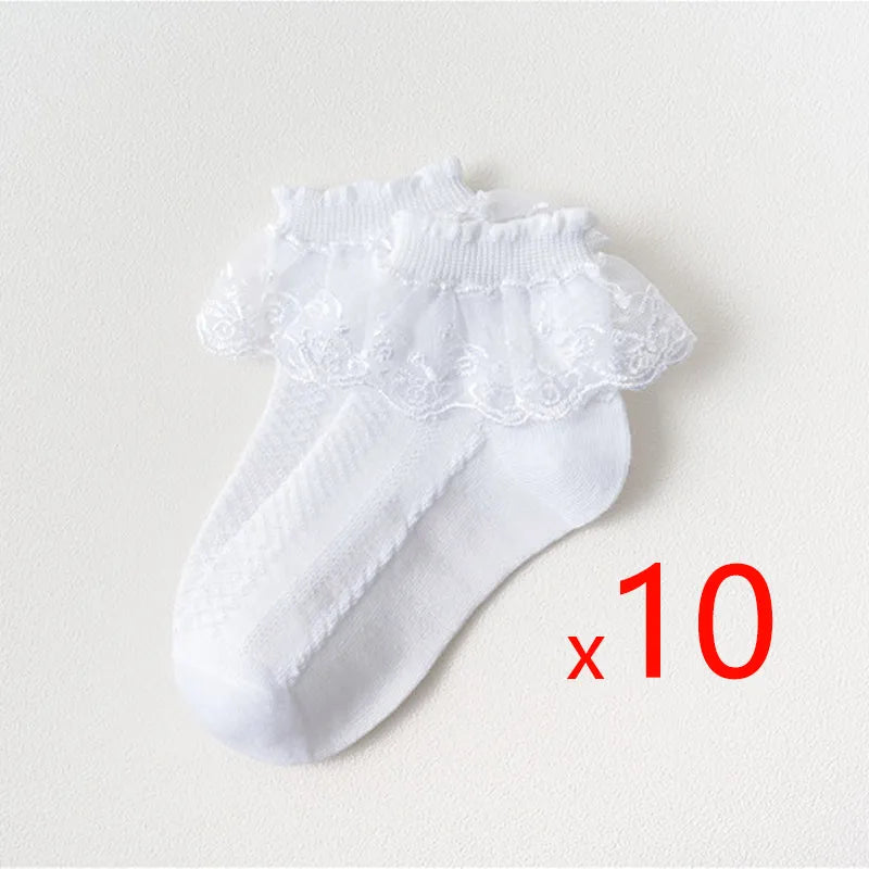 White girls ankle sock 10-pack with lace ruffle cuff, solid knit