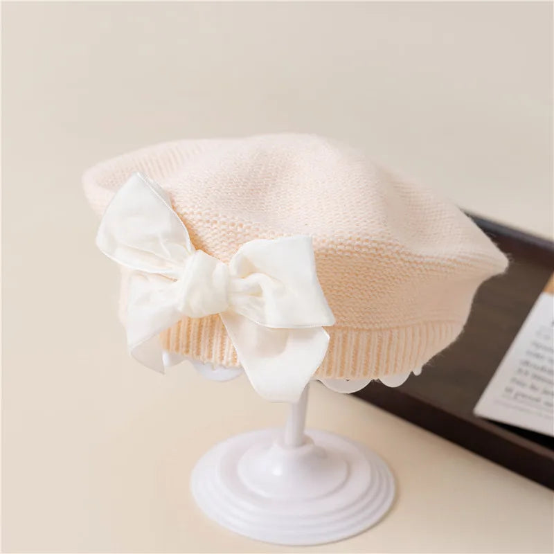 Girls Beret Hat Velvet Bow Ivory