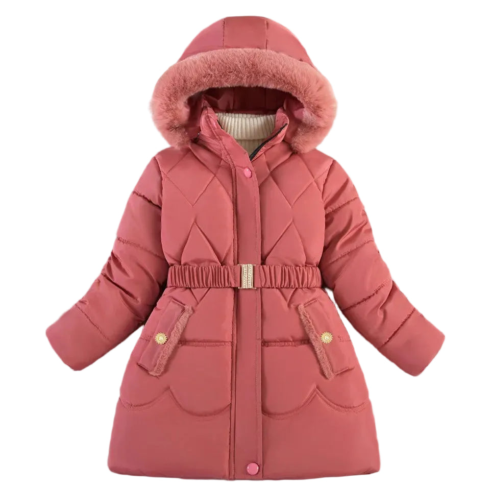 Coral girls hooded puffer coat with faux fur trim, cinched waist belt, side pockets