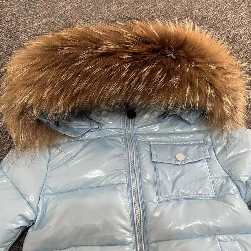 Boys Winter Light Blue Natural Fur Hooded Parker Coat