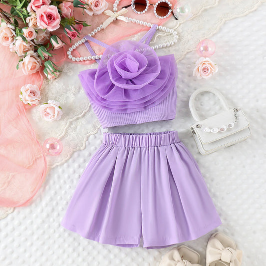 Girls Lilac 3D Flower Top & Matching Flare Skirt