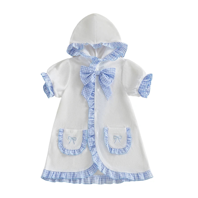 Girls swim cover-up dress in white with blue gingham bow, hood, and pocket appliques